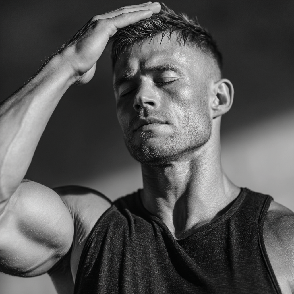 Focused athletic man demonstrating mental concentration and physical readiness in training environment