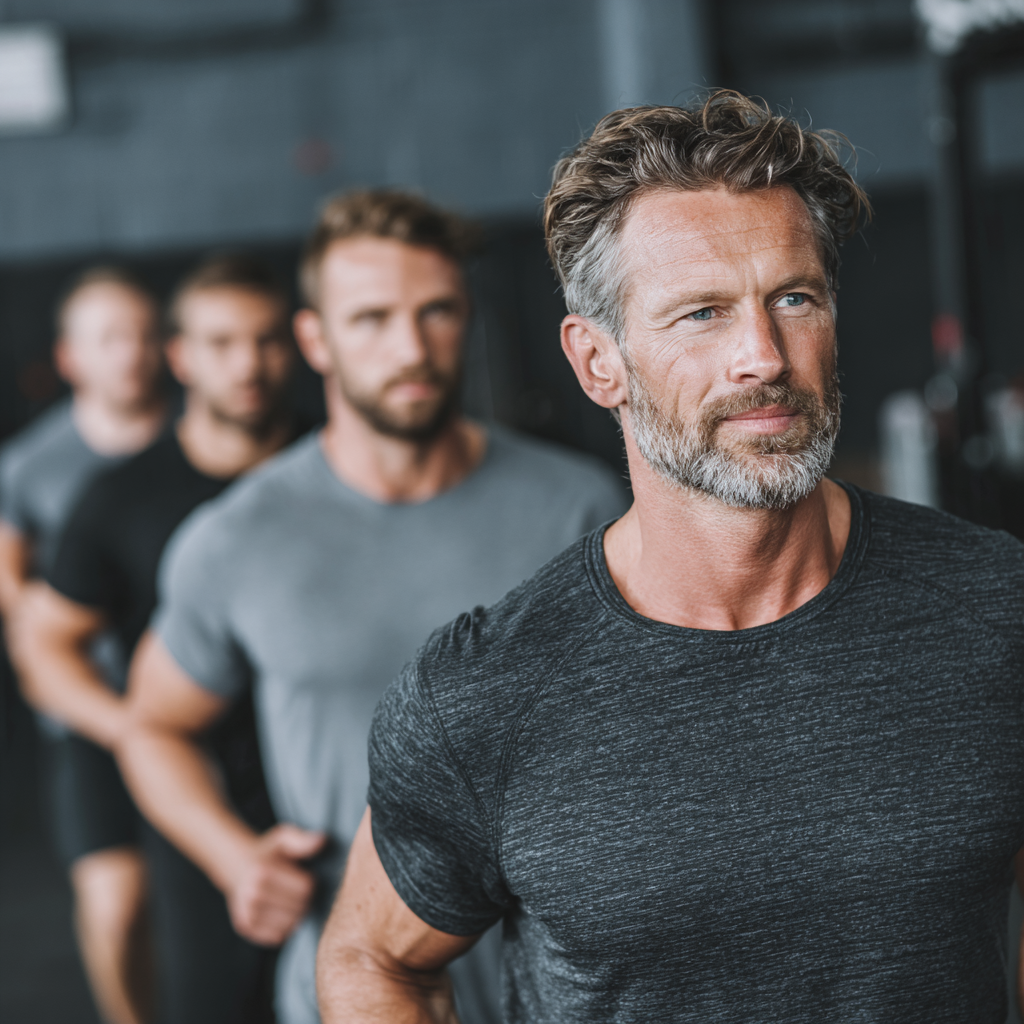 Group of motivated men training together showing teamwork and shared commitment to personal development goals