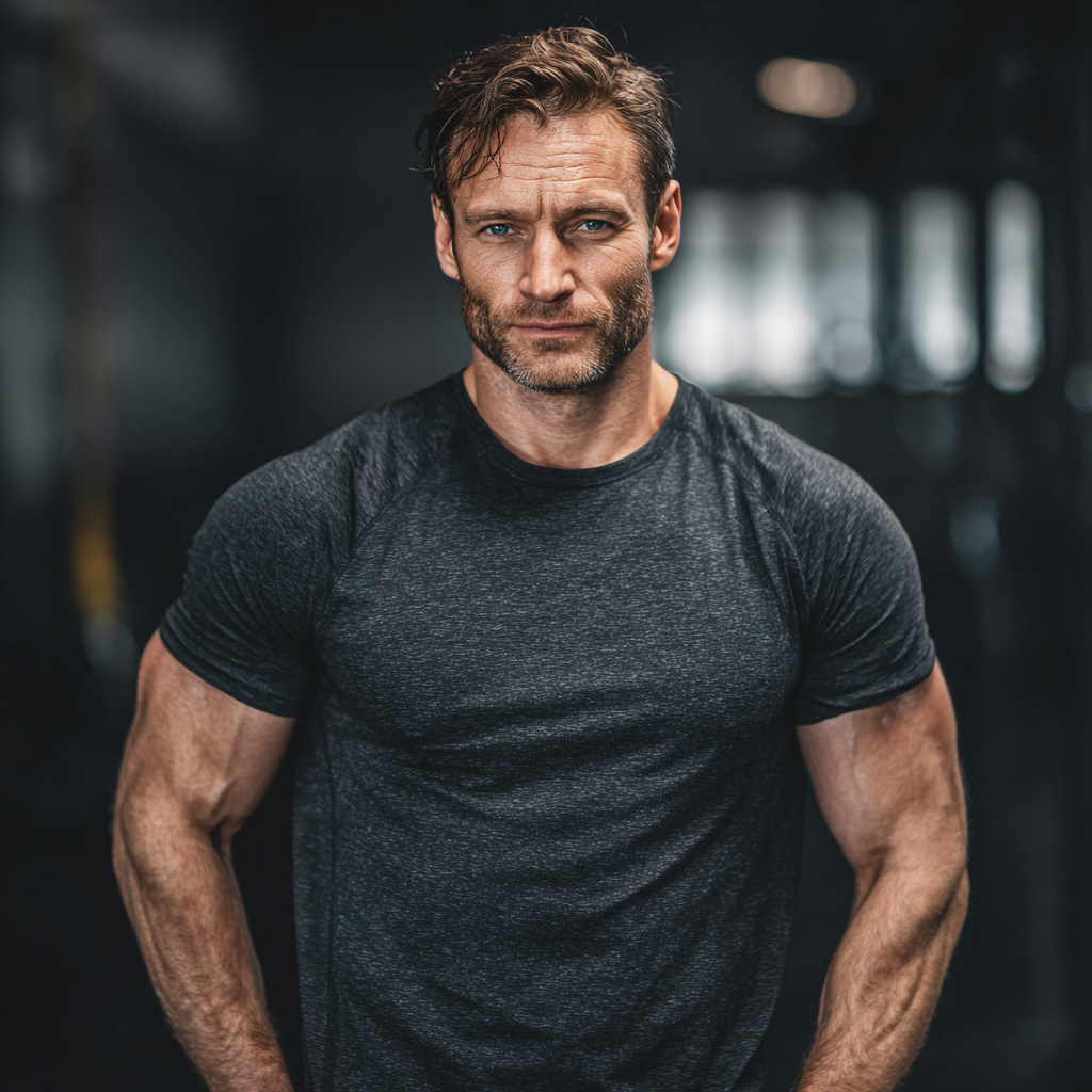 Strong confident man in gym setting demonstrating physical strength and determination during workout session